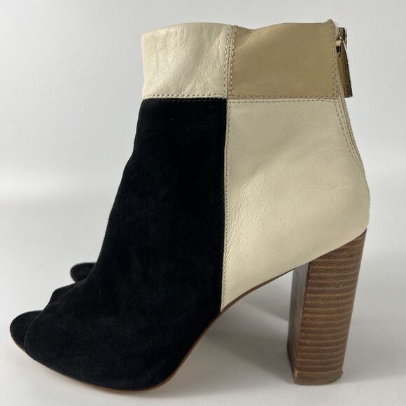 Louise et Cie Color Block Leather Ankle Boots Sz 10 Black Ivory Tan Open Toe 4” - Picture 5 of 16